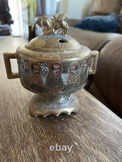 Antique Japanese Satsuma Face Pottery Incense Censer Footed Urn Goddess Finial