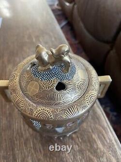 Antique Japanese Satsuma Face Pottery Incense Censer Footed Urn Goddess Finial