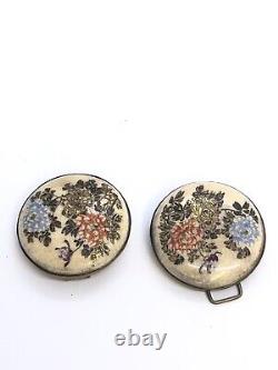 Antique Japanese Satsuma Floral Belt Buckles Brass Back Meiji Period. Dia4cm Rw