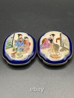 Antique Japanese Satsuma Hand-Painted Geisha Belt Buckle Set Meiji Period