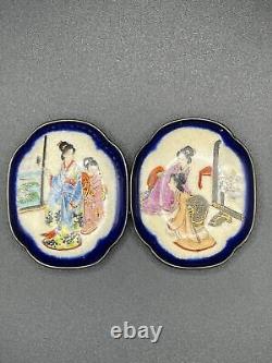 Antique Japanese Satsuma Hand-Painted Geisha Belt Buckle Set Meiji Period