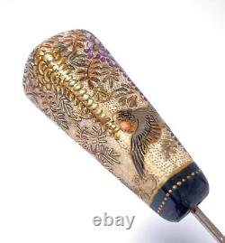 Antique Japanese Satsuma Hat Pin Hand Painted Gilt Gold Wisteria Birds