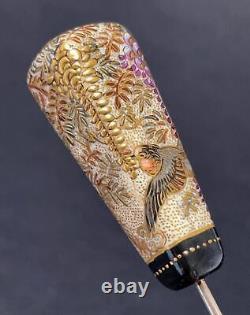 Antique Japanese Satsuma Hat Pin Hand Painted Gilt Gold Wisteria Birds