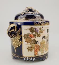 Antique Japanese Satsuma Koro Signed Cobalt Scene Geisha Incense burner