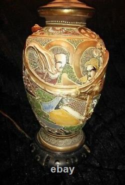 Antique Japanese Satsuma Lamp Moriage Gold Gilt Immortals & Dragon High Relief
