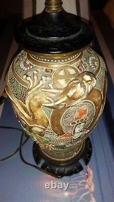 Antique Japanese Satsuma Lamp Moriage Gold Gilt Immortals & Dragon High Relief