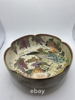 Antique Japanese Satsuma Lobed Bowl Signed Meiji Period Peacock