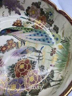 Antique Japanese Satsuma Lobed Bowl Signed Meiji Period Peacock