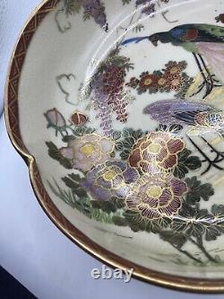 Antique Japanese Satsuma Lobed Bowl Signed Meiji Period Peacock