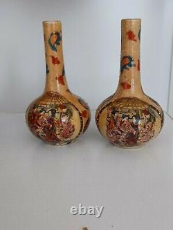 Antique Japanese Satsuma Meiji Hand Panted A Pair of Bottle Vases
