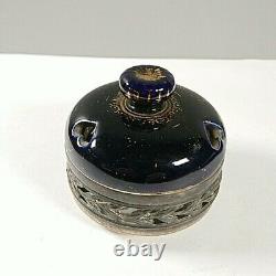 Antique Japanese Satsuma Meiji Period Jar Blue Birds Metal Rim Lid 18cm tall