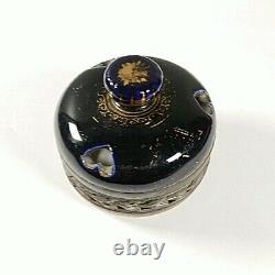 Antique Japanese Satsuma Meiji Period Jar Blue Birds Metal Rim Lid 18cm tall