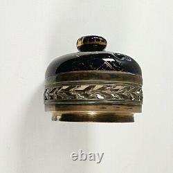 Antique Japanese Satsuma Meiji Period Jar Blue Birds Metal Rim Lid 18cm tall