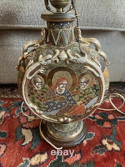 Antique Japanese Satsuma Moon Flask Vase Lamp Figures Meiji Vintage