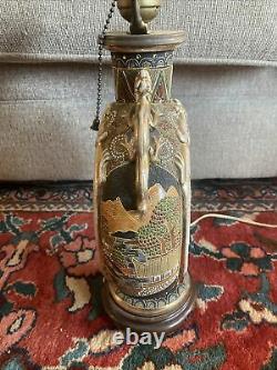 Antique Japanese Satsuma Moon Flask Vase Lamp Figures Meiji Vintage