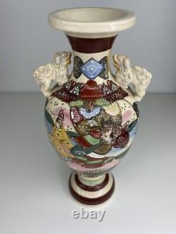Antique Japanese Satsuma Moriage Beaded Samurai Warrior Handle Vase 25cm vintage