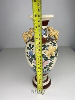 Antique Japanese Satsuma Moriage Beaded Samurai Warrior Handle Vase 25cm vintage