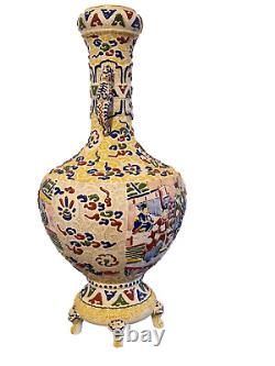 Antique Japanese Satsuma Moriage Beaded Vase Yellow 18/46 cm tall Marks Large