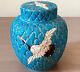 Antique Japanese Satsuma Moriage Crane Caddy with Lid Hand Painted Meiji Period