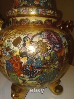 Antique Japanese Satsuma Moriage Koro Censer With Lid Gold Dragon Handles 13.5 T