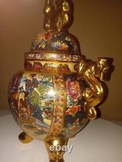 Antique Japanese Satsuma Moriage Koro Censer With Lid Gold Dragon Handles 13.5 T