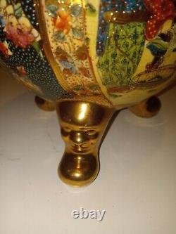 Antique Japanese Satsuma Moriage Koro Censer With Lid Gold Dragon Handles 13.5 T