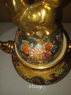 Antique Japanese Satsuma Moriage Koro Censer With Lid Gold Dragon Handles 13.5 T