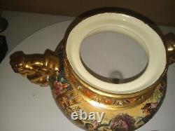 Antique Japanese Satsuma Moriage Koro Censer With Lid Gold Dragon Handles 13.5 T