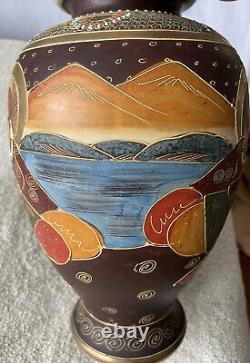 Antique Japanese Satsuma Porcelain Vase Moriage-12 1/4 Tall