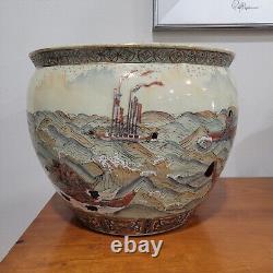 Antique Japanese Satsuma Pottery Koi Fish Bowl Ocean Scene Fantastical 14 Diam