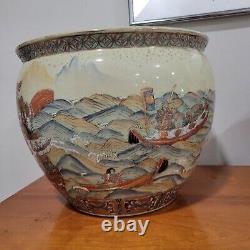 Antique Japanese Satsuma Pottery Koi Fish Bowl Ocean Scene Fantastical 14 Diam