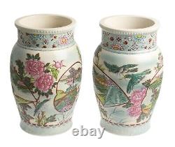 Antique Japanese Satsuma Pottery Moriage Vase Pair, Large Meiji, Prunus & Bird