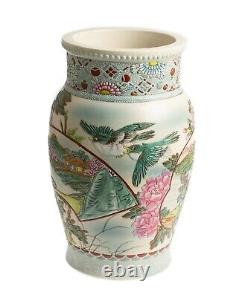 Antique Japanese Satsuma Pottery Moriage Vase Pair, Large Meiji, Prunus & Bird