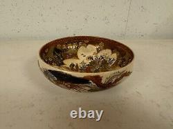 Antique Japanese Satsuma Signed Porcelain Bowl with Figures & Birds Decoration