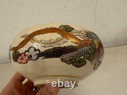 Antique Japanese Satsuma Signed Porcelain Bowl with Figures & Birds Decoration