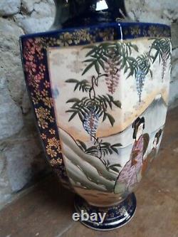 Antique Japanese Satsuma Six Sided Hexagonal Vase Circa 1920 35cm Tall