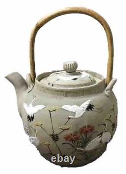 Antique Japanese Satsuma Teapot withLid Cranes Painted Earthenware Clay 1860-1890