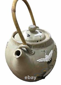 Antique Japanese Satsuma Teapot withLid Cranes Painted Earthenware Clay 1860-1890