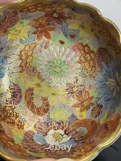 Antique Japanese Satsuma Thousand Flowers Scalloped Enamel Bowl Cup Signed 3