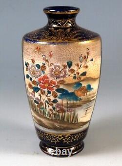 Antique Japanese Satsuma Vase Meiji Period Cobalt Blue Signed