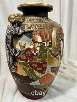 Antique Japanese Satsuma Vase Moriage Gold Gilt Dragon Handles Immortals 1920s