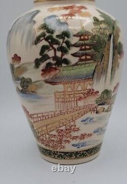 Antique Japanese Satsuma Vase Mountain Village Scene Family Crest Made In Japan
