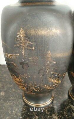 Antique Japanese Satsuma Vases Artist Marks Black Matte Glaze Hand painted Gold