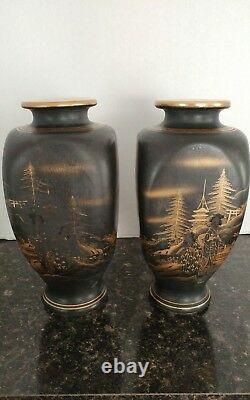 Antique Japanese Satsuma Vases Artist Marks Black Matte Glaze Hand painted Gold