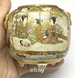 Antique Japanese Signed Satsuma Multicolored Small Ceramic Footed Jar No Lid