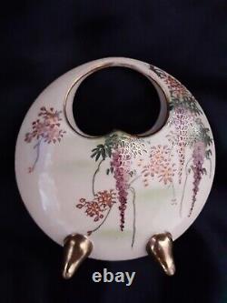 Antique Meiji 1867-1912 Satsuma Basket Vase Wisteria Gold Feet Edging Heart