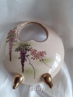 Antique Meiji 1867-1912 Satsuma Basket Vase Wisteria Gold Feet Edging Heart