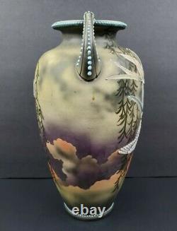 Antique Meiji Japanese Satsuma Moriage High Relief Swallow Birds 13 Vase EUC