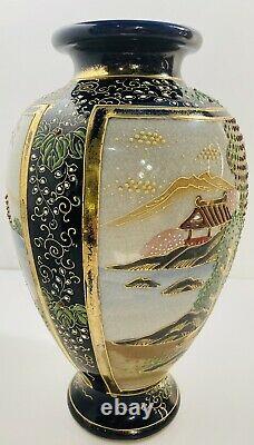 Antique Meiji Period Signed Kinkozan Satsuma Cobalt Geishas Vase