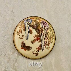 Antique Meiji-period Japanese Satsuma Wisteria & Butterfly buckle brooch signed
